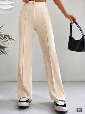 SHEIN Cream High-Waist Wide-Leg Trousers